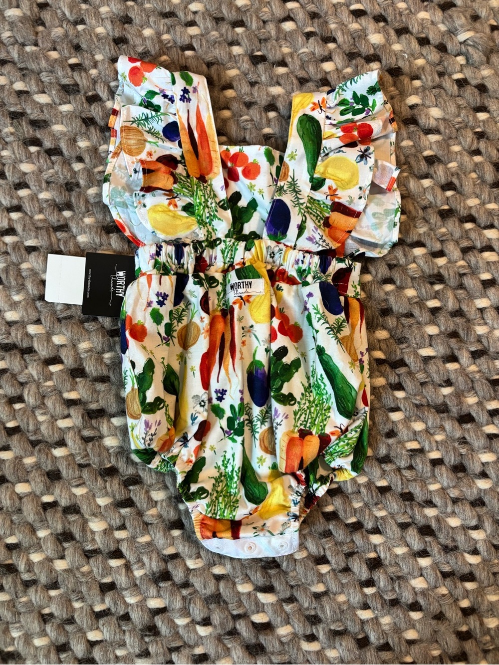 Baby Girls' Vegetable Print Ruffle Romper - White with Multi Color Veggies - Picture 2 of 2